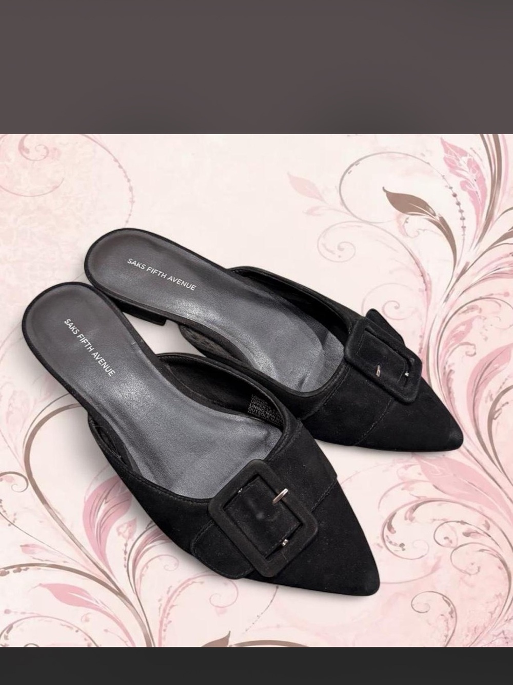 Saks Fifth Avenue Black Suede Buckle Pointed Mule